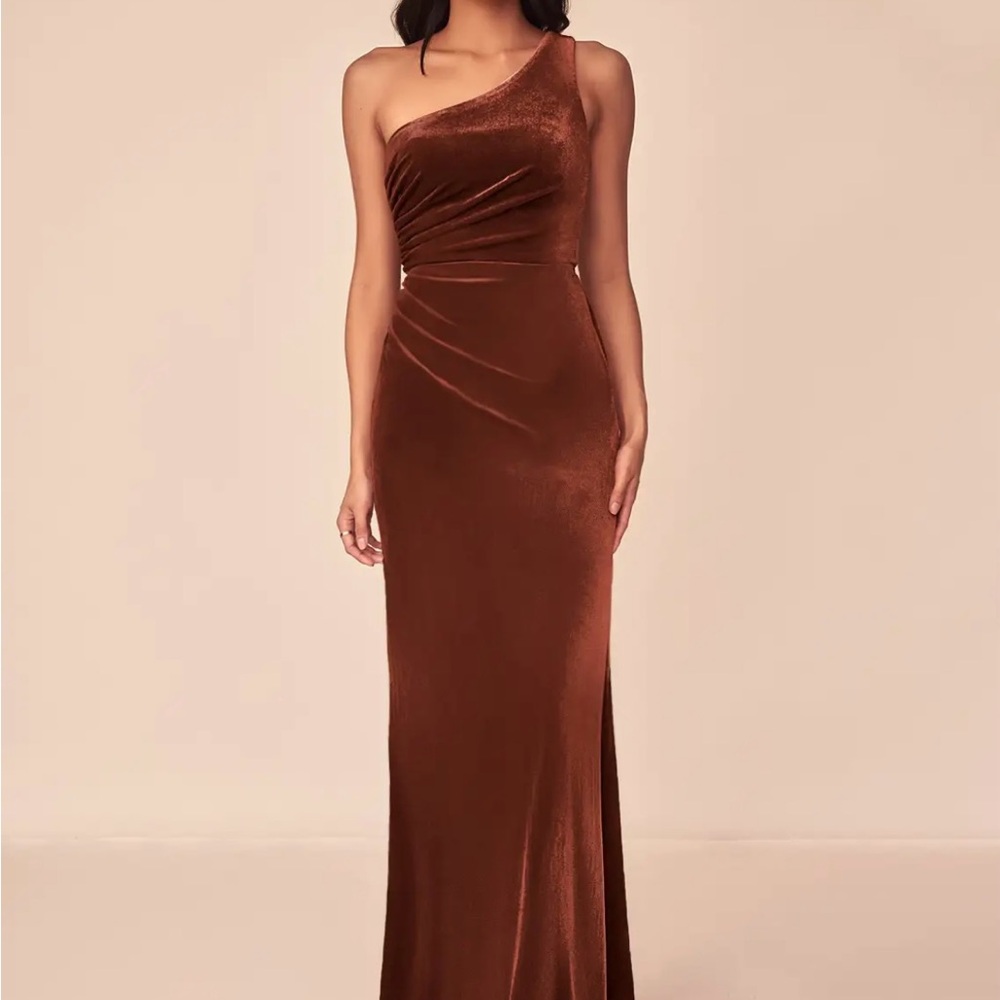 Azazie Argan Terracotta One Shoulder Velvet Bridesmaid Dress Size 6 EUC